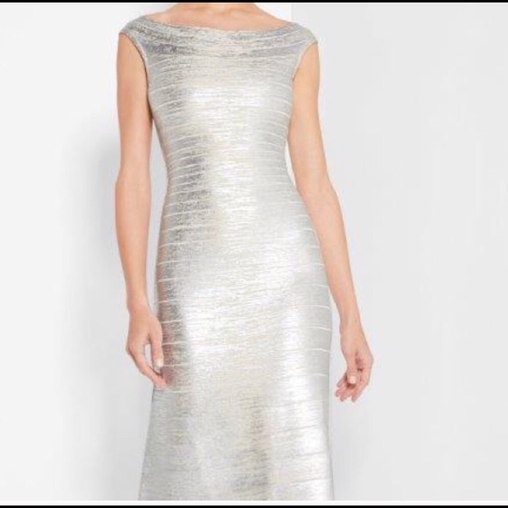 Herve Leger Sophia Woodgrain Silver Metallic Gown